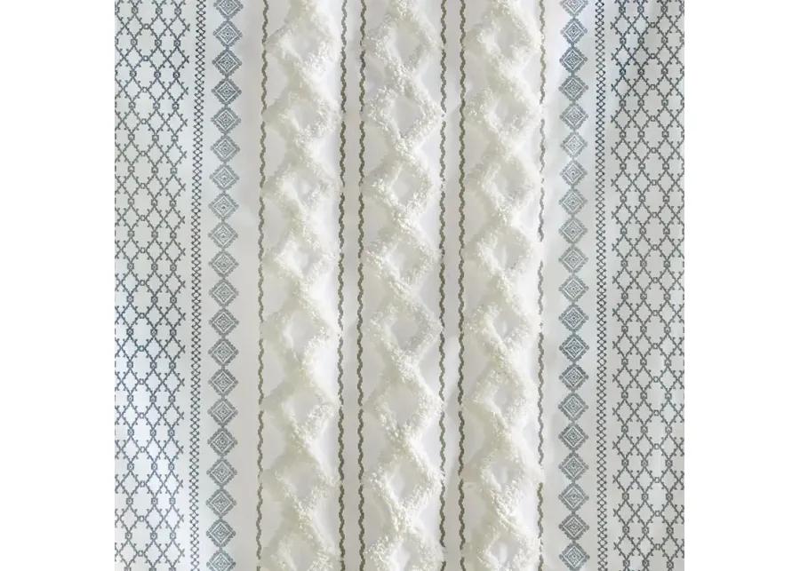 INK+IVY Imani White/Navy Cotton Printed Curtain Panel with Chenille Stripe and Lining