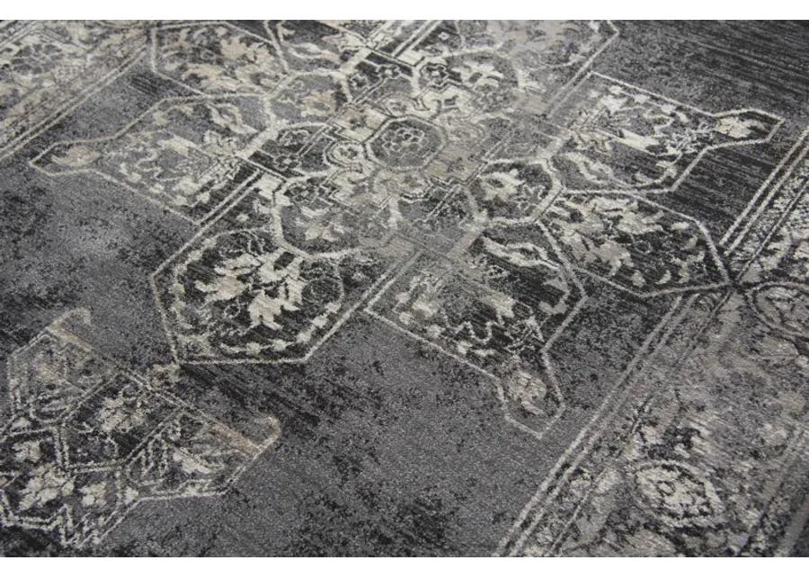 Panache Gray/Black Central Medallion Distress  Polypropylene 2'3" x 7'7" Runner Rug