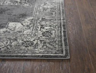 Panache Gray/Black Central Medallion Distress  Polypropylene 2'3" x 7'7" Runner Rug