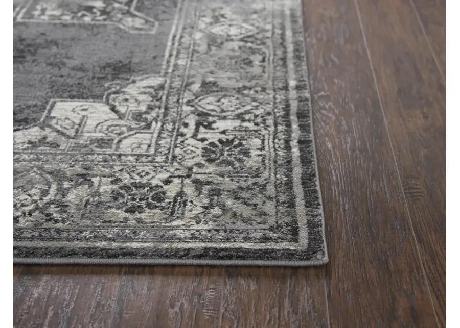 Panache Gray/Black Central Medallion Distress  Polypropylene 2'3" x 7'7" Runner Rug