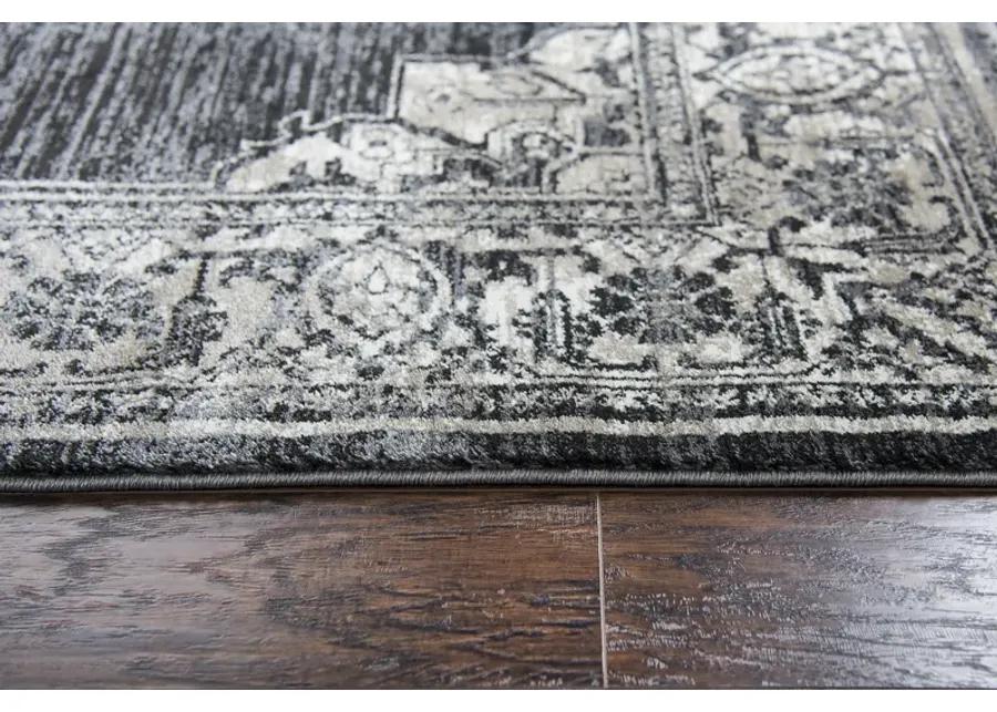 Panache Gray/Black Central Medallion Distress  Polypropylene 2'3" x 7'7" Runner Rug