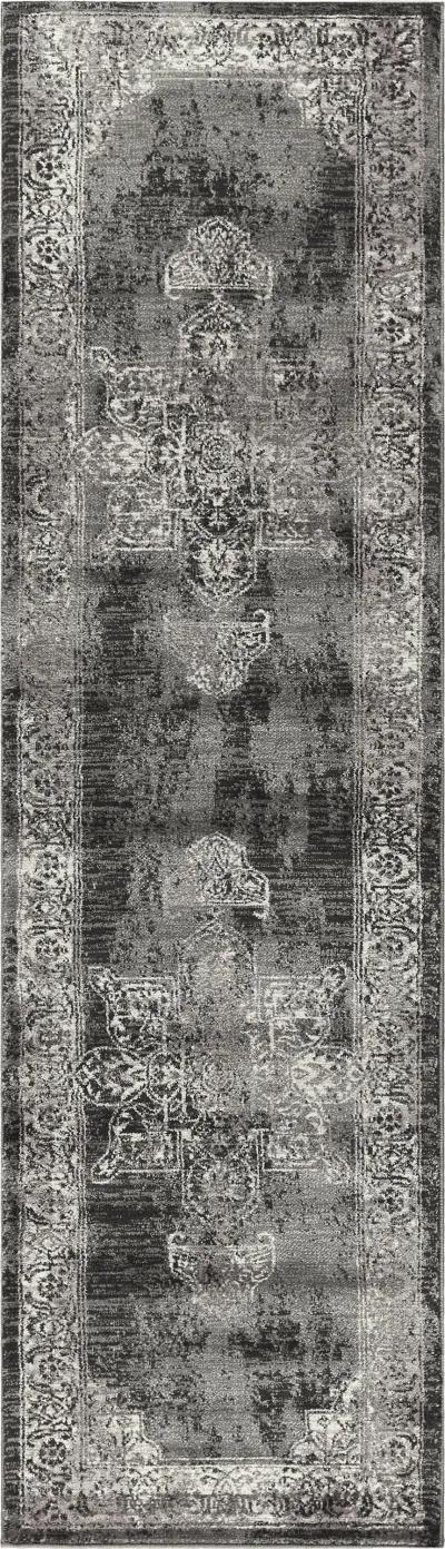 Panache Gray/Black Central Medallion Distress  Polypropylene 2'3" x 7'7" Runner Rug