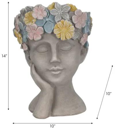 14" Face Planter With Flower Crown, Grey/multi