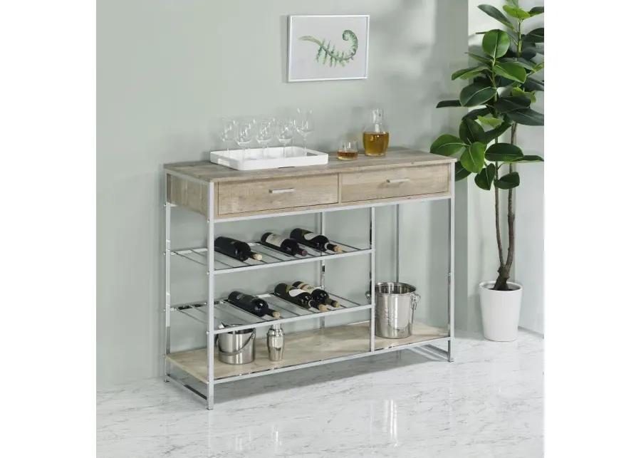 Melrose 2-shelf Wine Cabinet with 2 Drawers Gray Washed Oak and Chrome