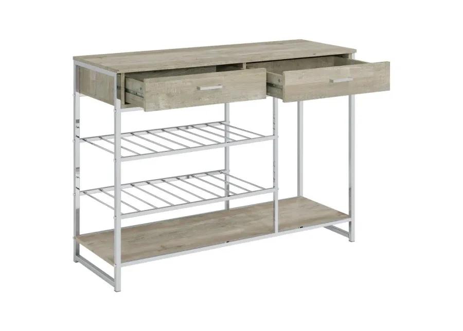 Melrose 2-shelf Wine Cabinet with 2 Drawers Gray Washed Oak and Chrome