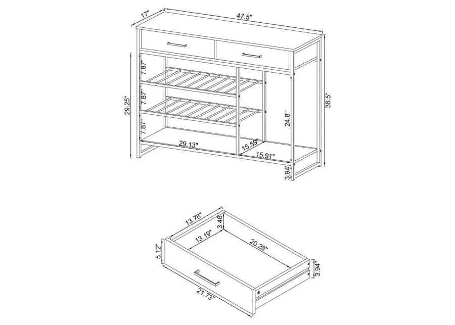 Melrose 2-shelf Wine Cabinet with 2 Drawers Gray Washed Oak and Chrome