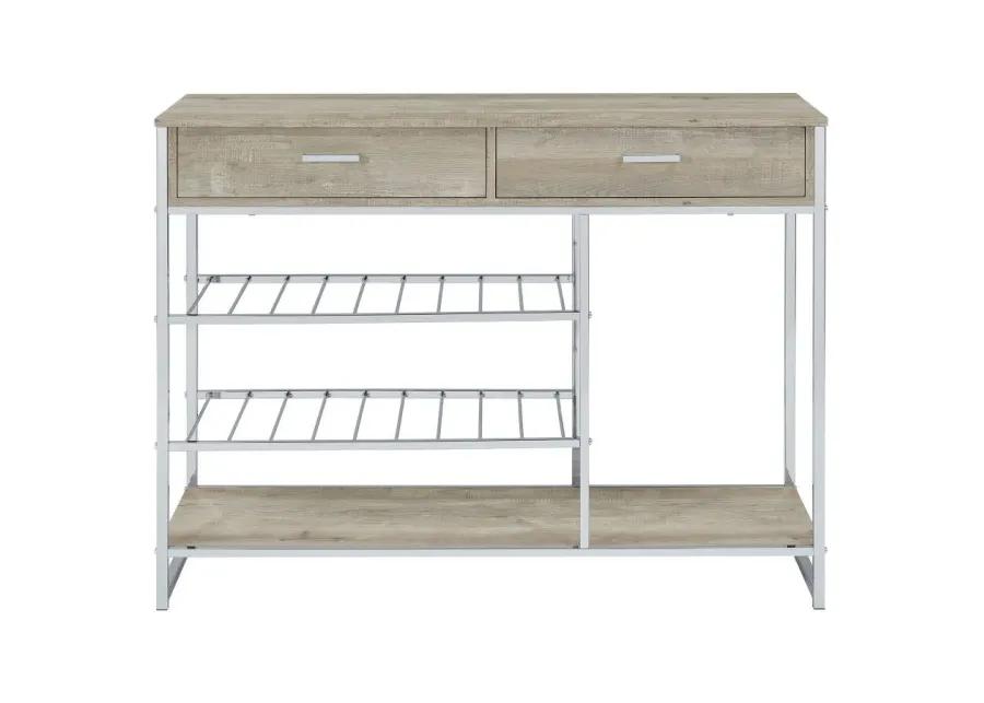 Melrose 2-shelf Wine Cabinet with 2 Drawers Gray Washed Oak and Chrome