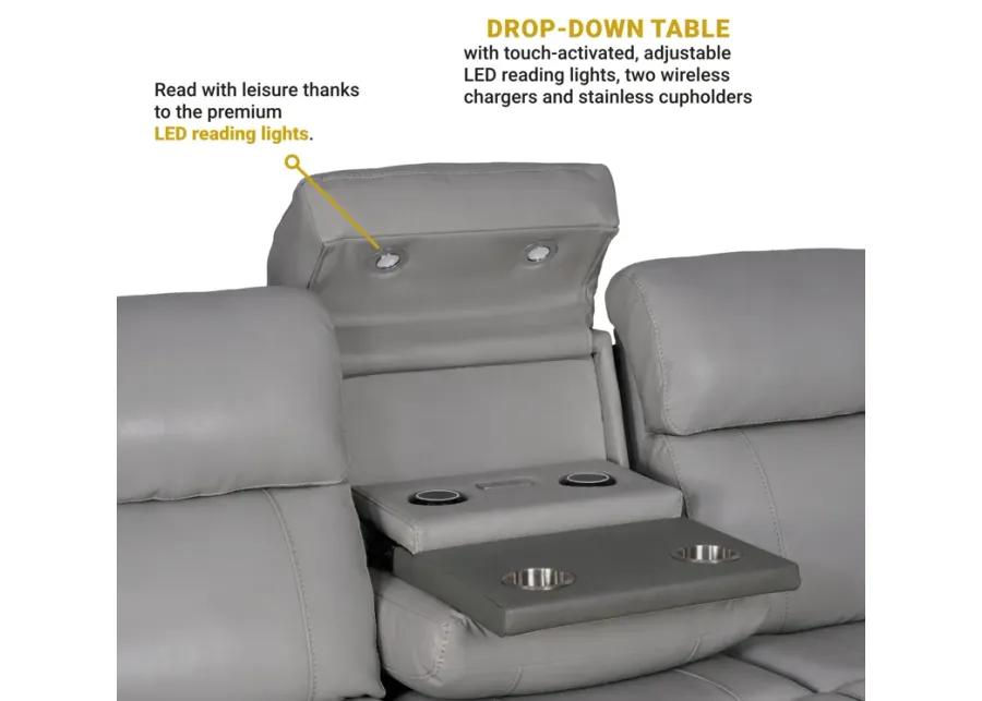 Rosalyn 87" Zero Gravity Power Reclining Sofa with Dropdown Console in Silver and Gray Leather