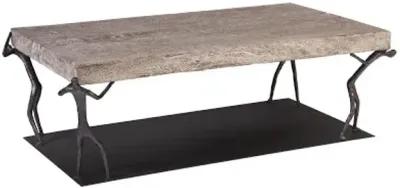 atlas coffee table, chamcha wood, gray stone finish, metal