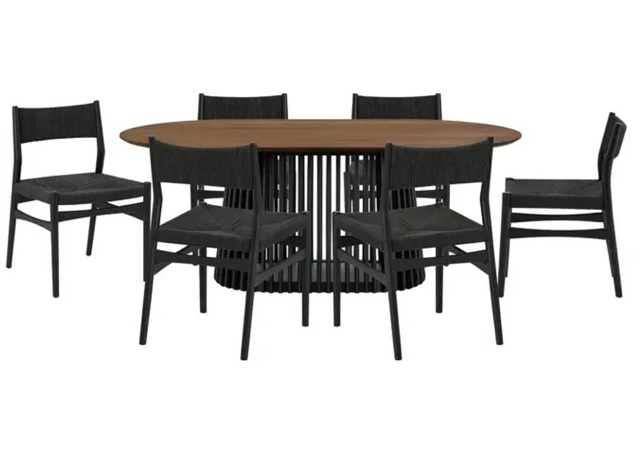 Pasadena Erie 7 Piece Oval Dining Set in Walnut and Black Finish with Paper Cord Chairs