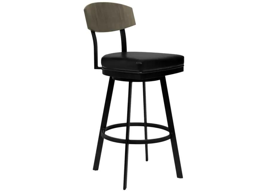 Frisco 26" Counter Height Barstool in Matte Black Finish with Black Faux Leather and Gray Walnut