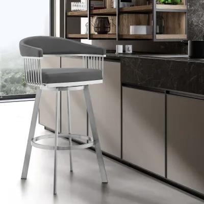 Chelsea 26" Gray Faux Leather and Brushed Stainless Steel Swivel Bar Stool