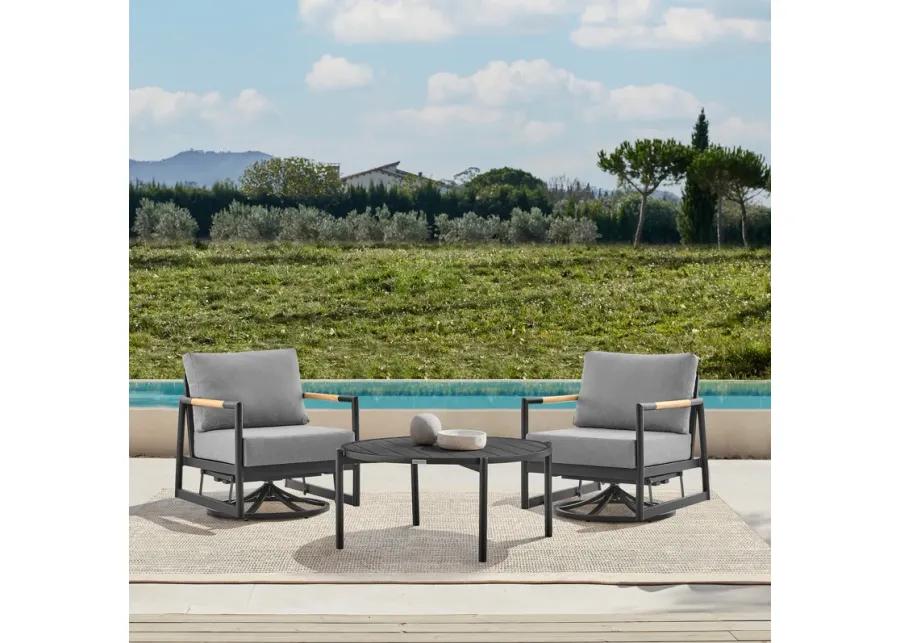 Royal and Tiffany 3 Piece Outdoor Patio Swivel Seating Set in Black Aluminum with Teak Wood and Gray Cushions