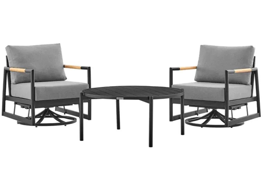 Royal and Tiffany 3 Piece Outdoor Patio Swivel Seating Set in Black Aluminum with Teak Wood and Gray Cushions