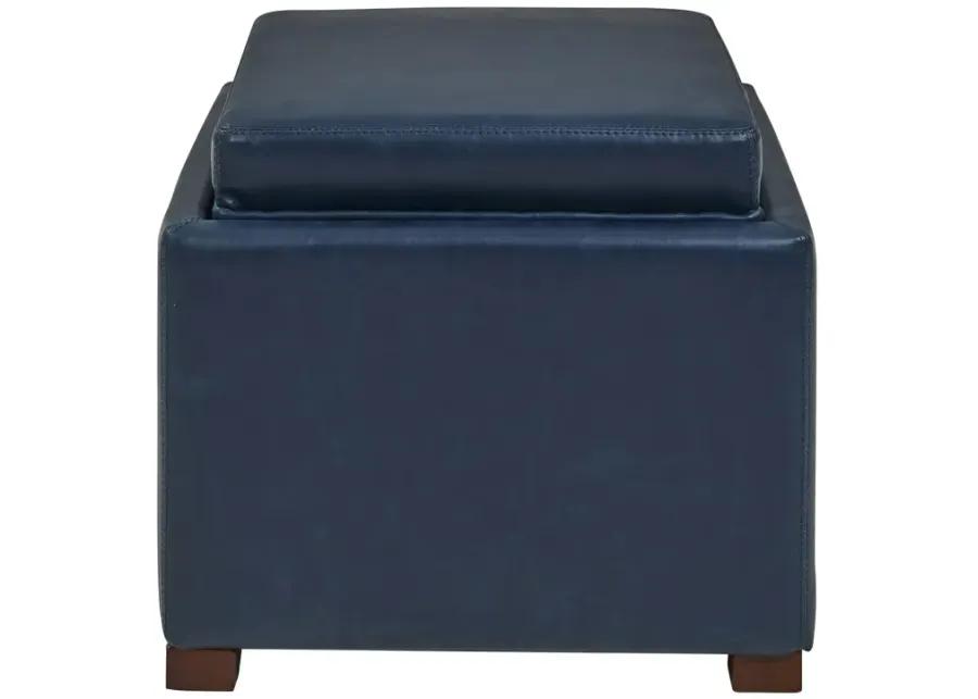 cameron square bonded leather storage ottoman w/ tray, vintage blue