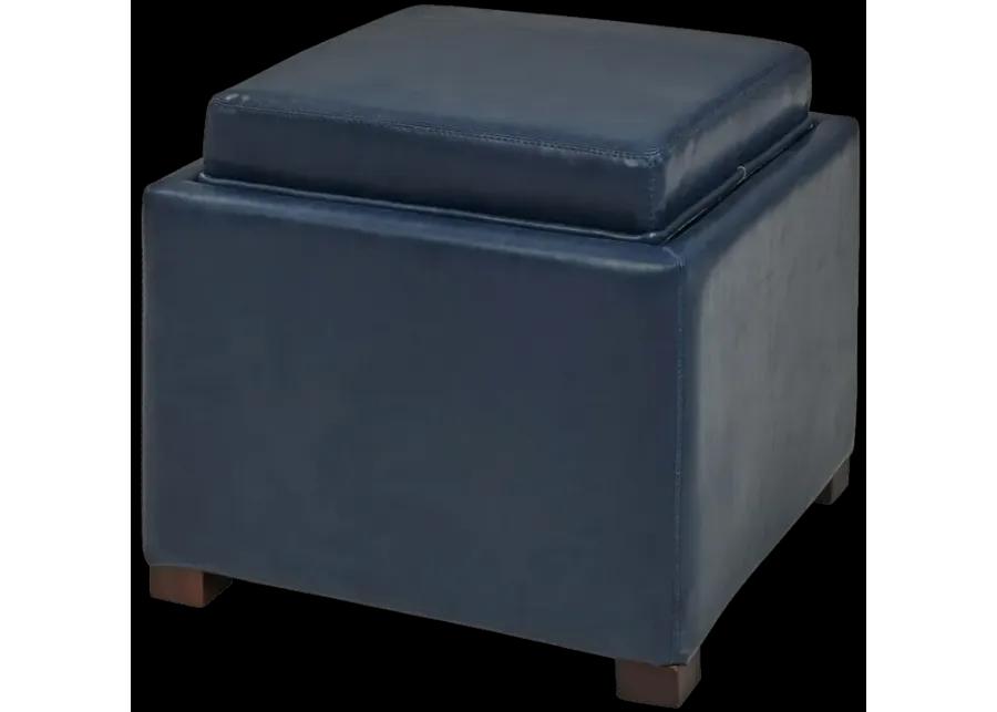 cameron square bonded leather storage ottoman w/ tray, vintage blue