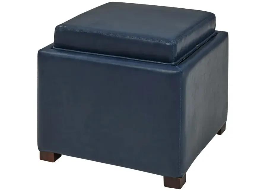 cameron square bonded leather storage ottoman w/ tray, vintage blue