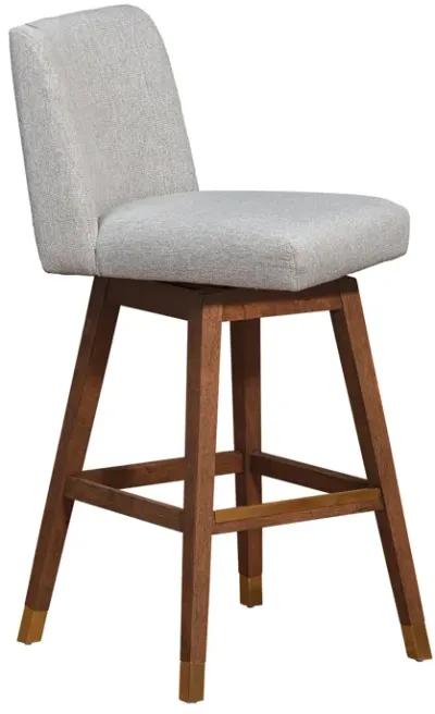 Basila Swivel Bar Stool in Brown Oak Wood Finish with Taupe Fabric