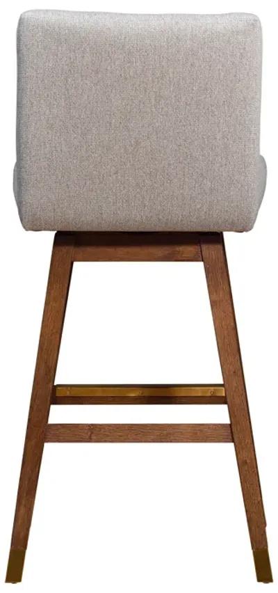 Basila Swivel Bar Stool in Brown Oak Wood Finish with Taupe Fabric