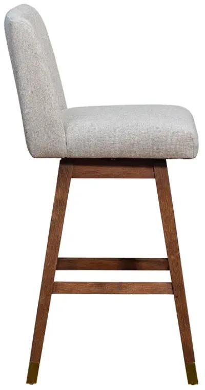 Basila Swivel Bar Stool in Brown Oak Wood Finish with Taupe Fabric