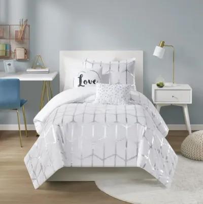 Intelligent Design Raina White/Silver Metallic Printed Comforter Set