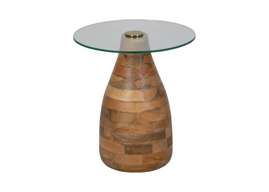 20" Striped Wood Accent Table With Glass Top, Natu