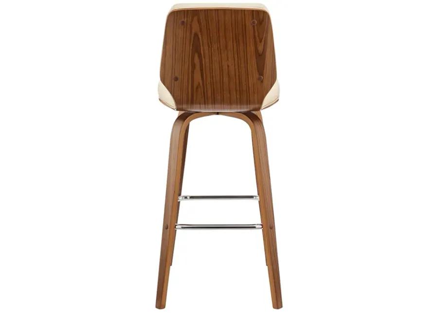 Renee 30" Swivel Cream Faux Leather and Walnut Wood Bar Stool