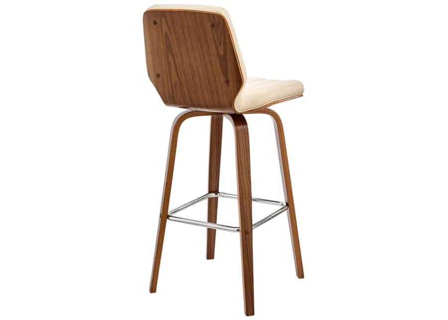 Renee 30" Swivel Cream Faux Leather and Walnut Wood Bar Stool