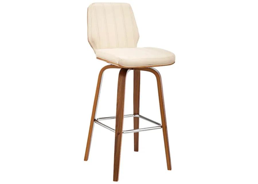 Renee 30" Swivel Cream Faux Leather and Walnut Wood Bar Stool