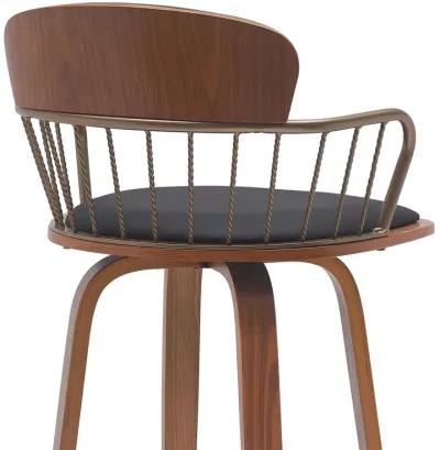 Willow 30" Swivel Walnut Wood Bar Stool in Black Faux Leather with Golden Bronze Metal