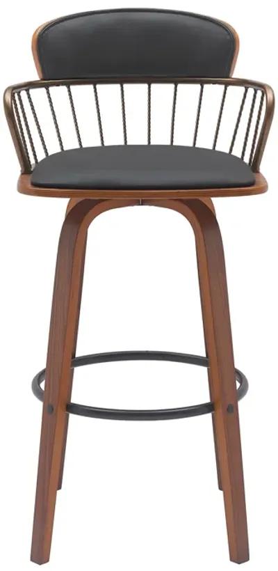 Willow 30" Swivel Walnut Wood Bar Stool in Black Faux Leather with Golden Bronze Metal