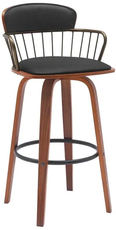 Willow 30" Swivel Walnut Wood Bar Stool in Black Faux Leather with Golden Bronze Metal