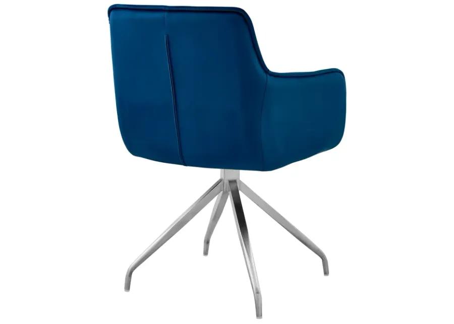 Noah Dining Room Accent Chair in Blue Velvet and Brushed Stainless Steel Finish