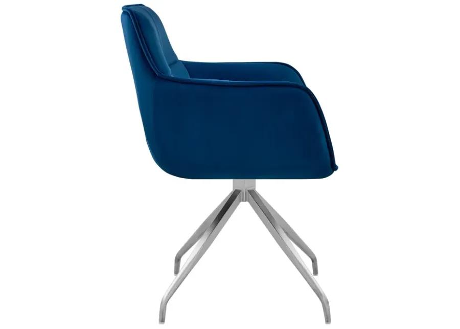 Noah Dining Room Accent Chair in Blue Velvet and Brushed Stainless Steel Finish