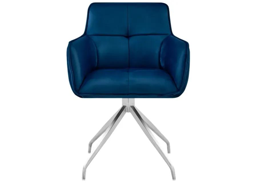 Noah Dining Room Accent Chair in Blue Velvet and Brushed Stainless Steel Finish