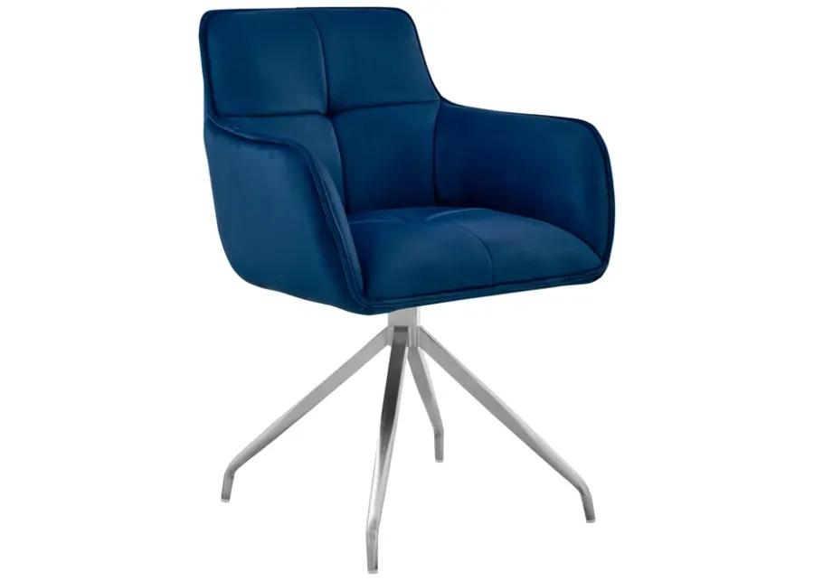 Noah Dining Room Accent Chair in Blue Velvet and Brushed Stainless Steel Finish