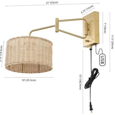 BRAMLEY, 21 INCH, NATURAL/BRASS, RATTAN/IRON WALL SCONCE SET OF 2 W/ USB PORT?