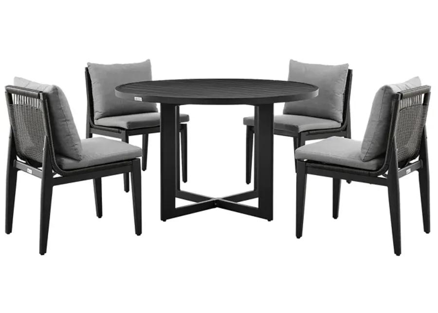 Grand Outdoor Patio 5-Piece Round Dining Table Set in Aluminum with Gray Cushions