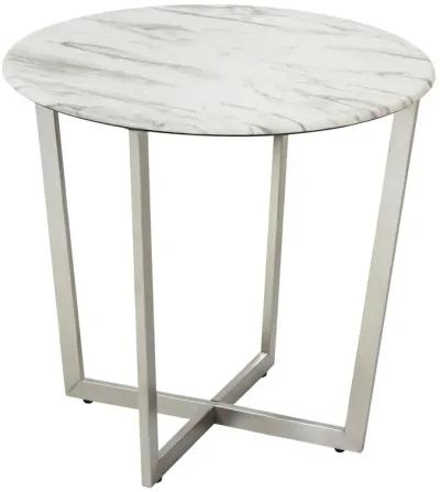 Llona 24" Round Side Table in White Marble Melamine with Brushed Stainless Steel Base