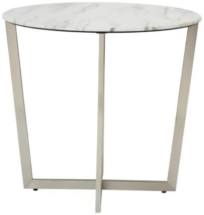 Llona 24" Round Side Table in White Marble Melamine with Brushed Stainless Steel Base