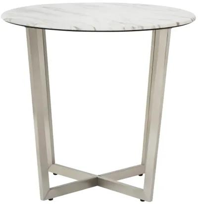 Llona 24" Round Side Table in White Marble Melamine with Brushed Stainless Steel Base