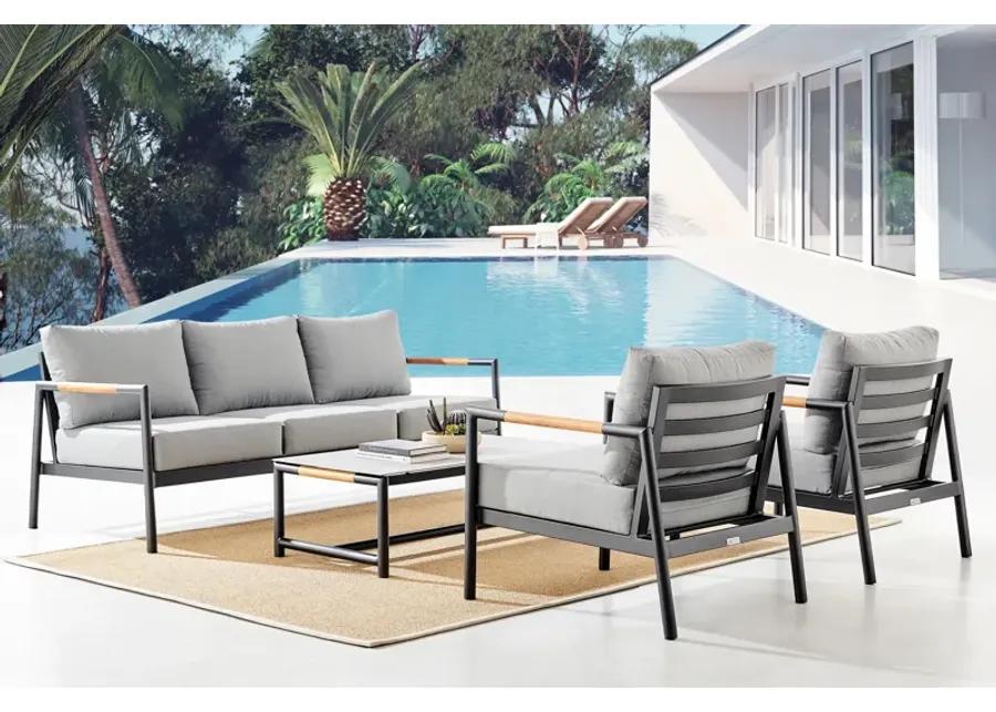 Crown 4 Piece Black Aluminum and Teak Outdoor Seating Set with Dark Gray Cushions