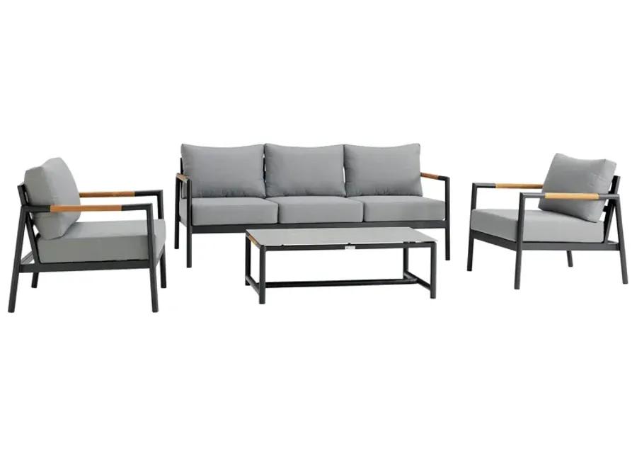 Crown 4 Piece Black Aluminum and Teak Outdoor Seating Set with Dark Gray Cushions