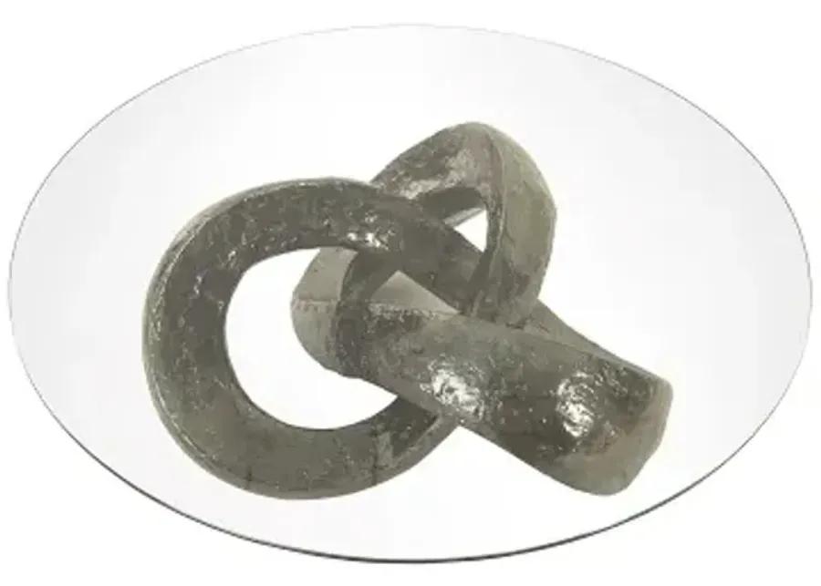 trifoil coffee table, liquid silver w/glass