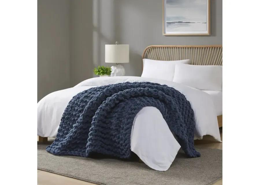 Madison Park Chenille Chunky Knit Navy Blue Throw