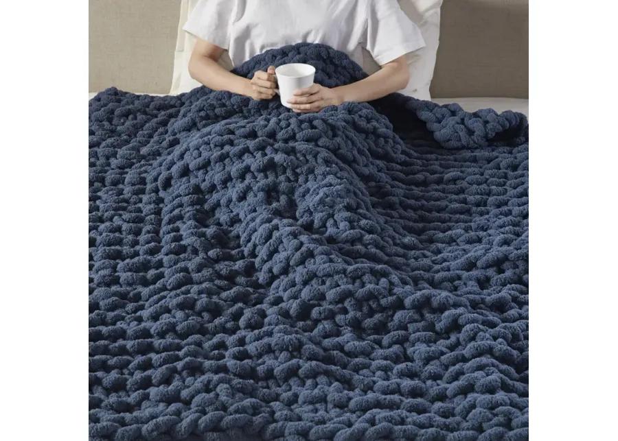 Madison Park Chenille Chunky Knit Navy Blue Throw