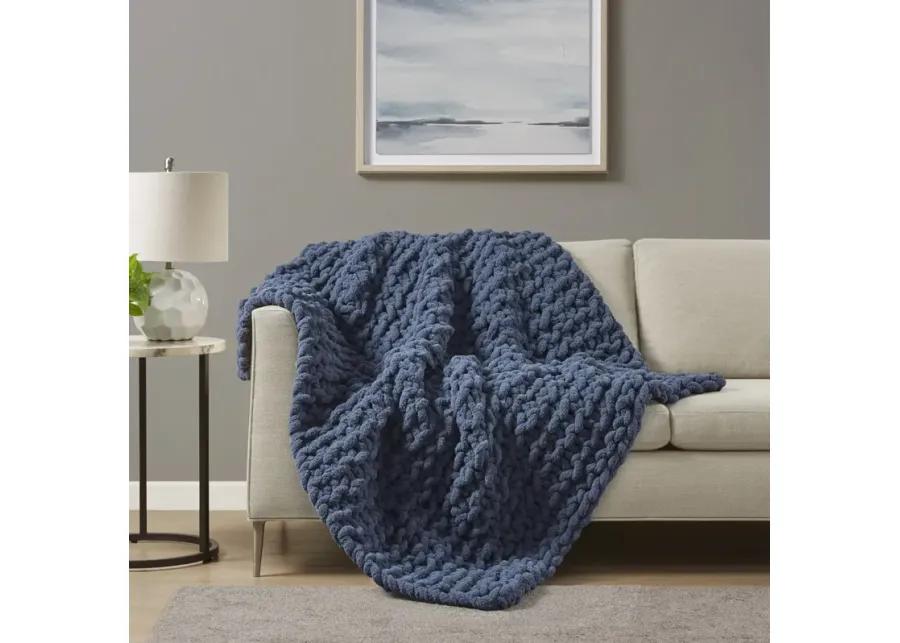 Madison Park Chenille Chunky Knit Navy Blue Throw