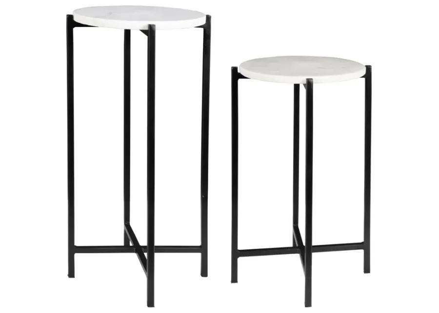 White Marble Top And Iron Black Matte Powder Coated Frames Tables - Set Of 2 End Tables