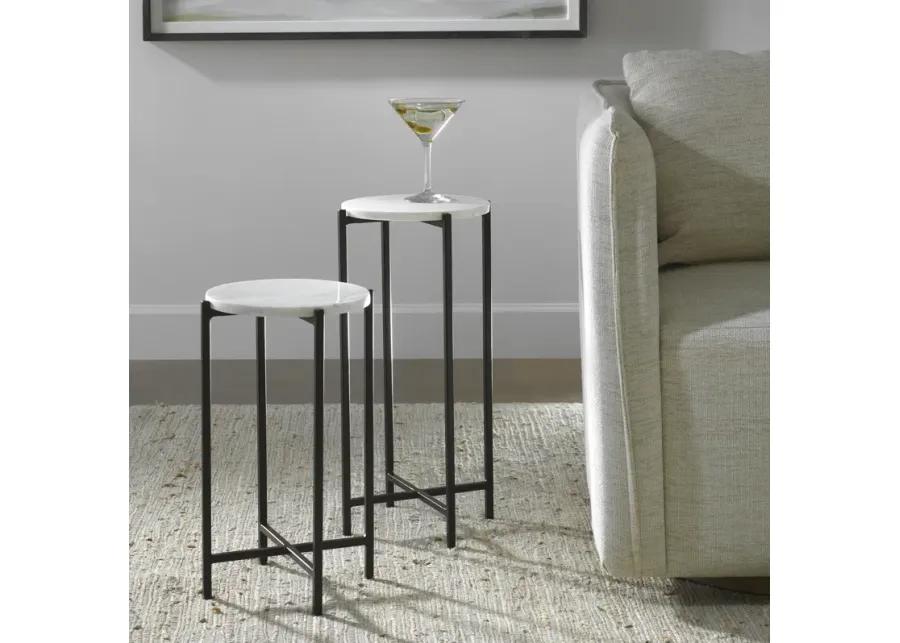 White Marble Top And Iron Black Matte Powder Coated Frames Tables - Set Of 2 End Tables