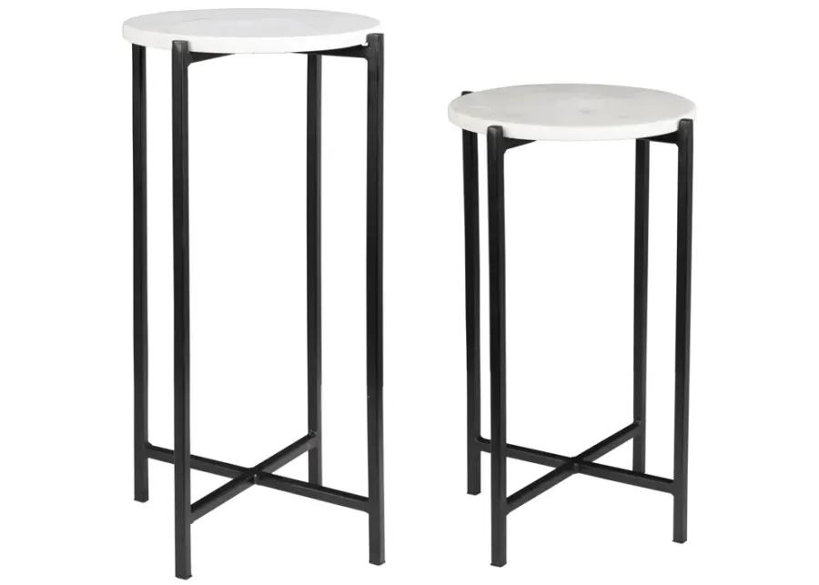 White Marble Top And Iron Black Matte Powder Coated Frames Tables - Set Of 2 End Tables